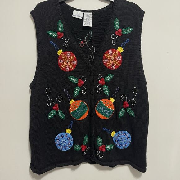 Vintage Bobbie Brooks Sweater Vest Womens XL Embroidered Christmas Ornaments - Picture 1 of 7